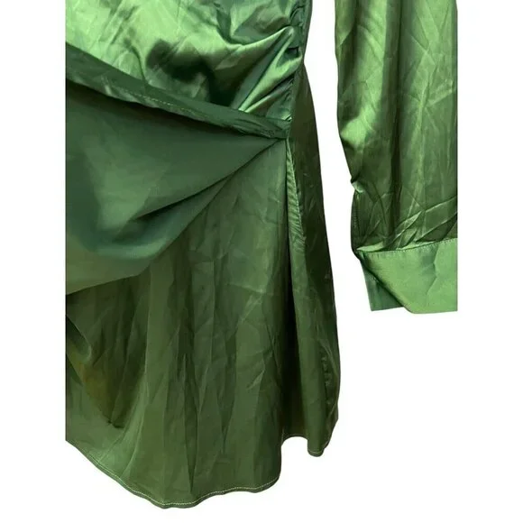 Cider Satin Faux Wrap Mini Dress Short Size‎ S Green L/S V-Neck Ruched Party NWT - Picture 5 of 16